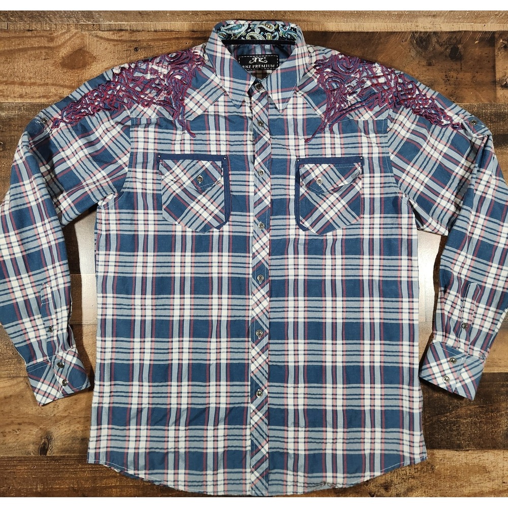 RNZ Premium Western Shirt Mens 2XL Blue Plaid Y2K Embroidered Paisley Flip Cuff